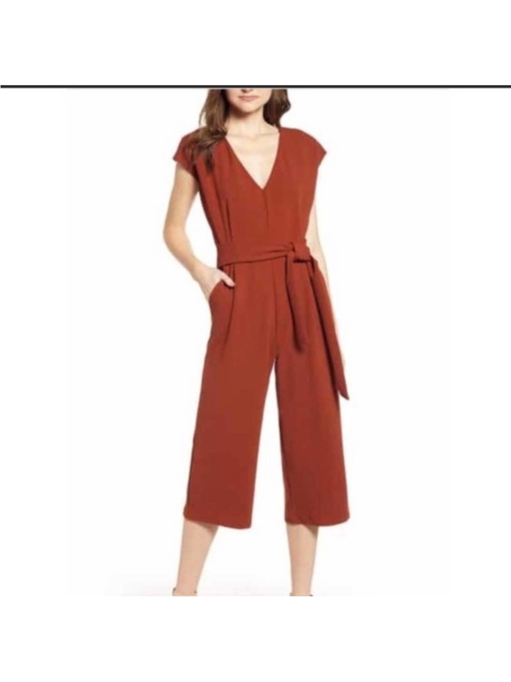 bishop + young Lenox Rust V-Neck Cropped Tie-Waist Jumpsuit